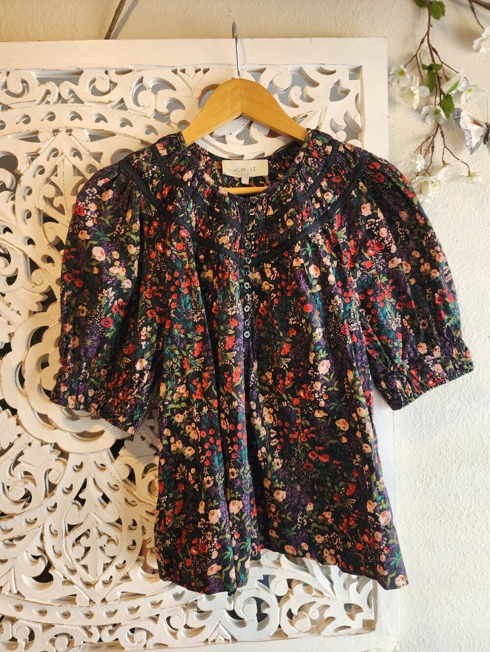 THE GREAT. THE STORYTELLER TOP BLACK FLORAL WOMENS SIZE 3 LARGE - Picture 15 of 16